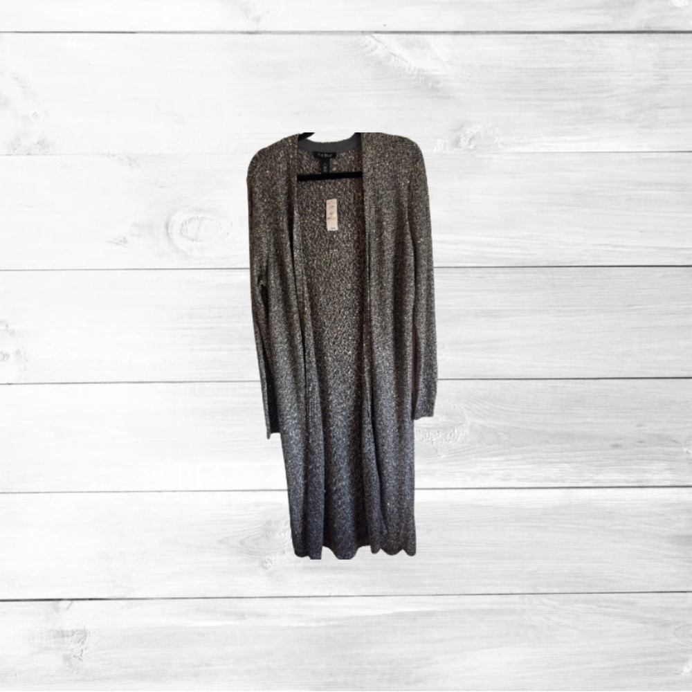 White House Black Market NWT Charcoal Knit long Cardigan with small gold sequins